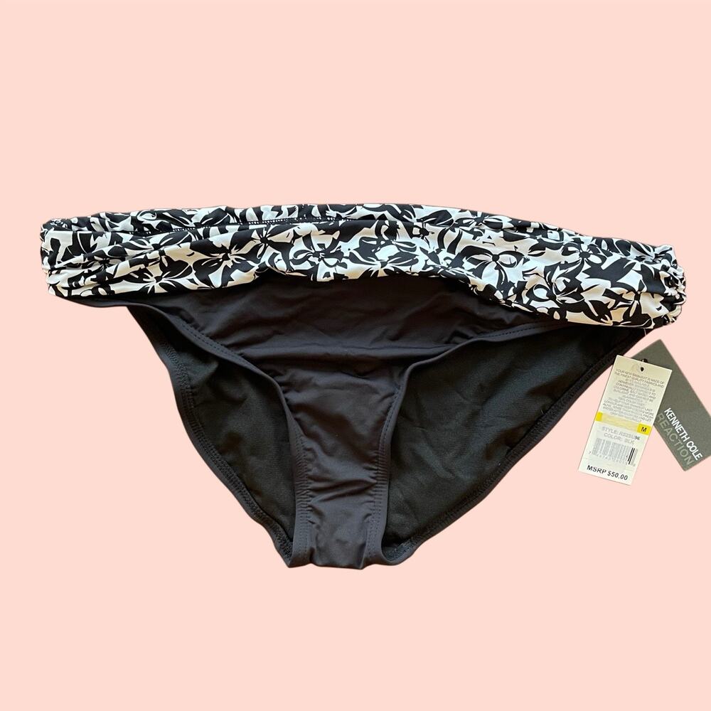 NWT Kenneth Cole Reaction Black & White Bows Foldover Bikini Bottom Stretch M